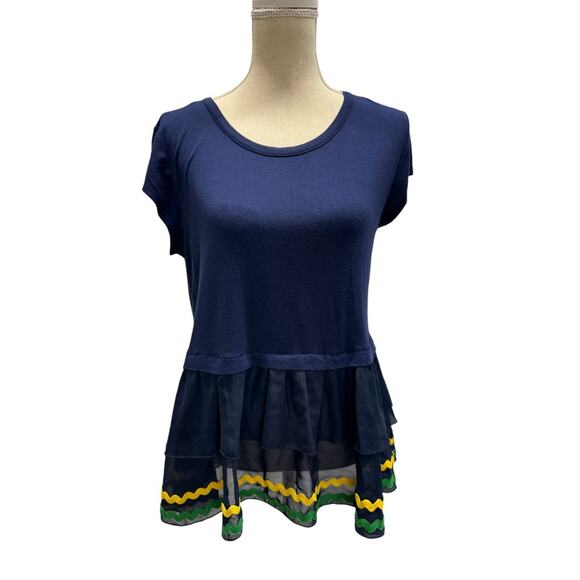 Kim & Cami Shirt, Cottage Core, Ruffles Rick Rack Dress Shirt Navy ,Med. - Picture 1 of 8